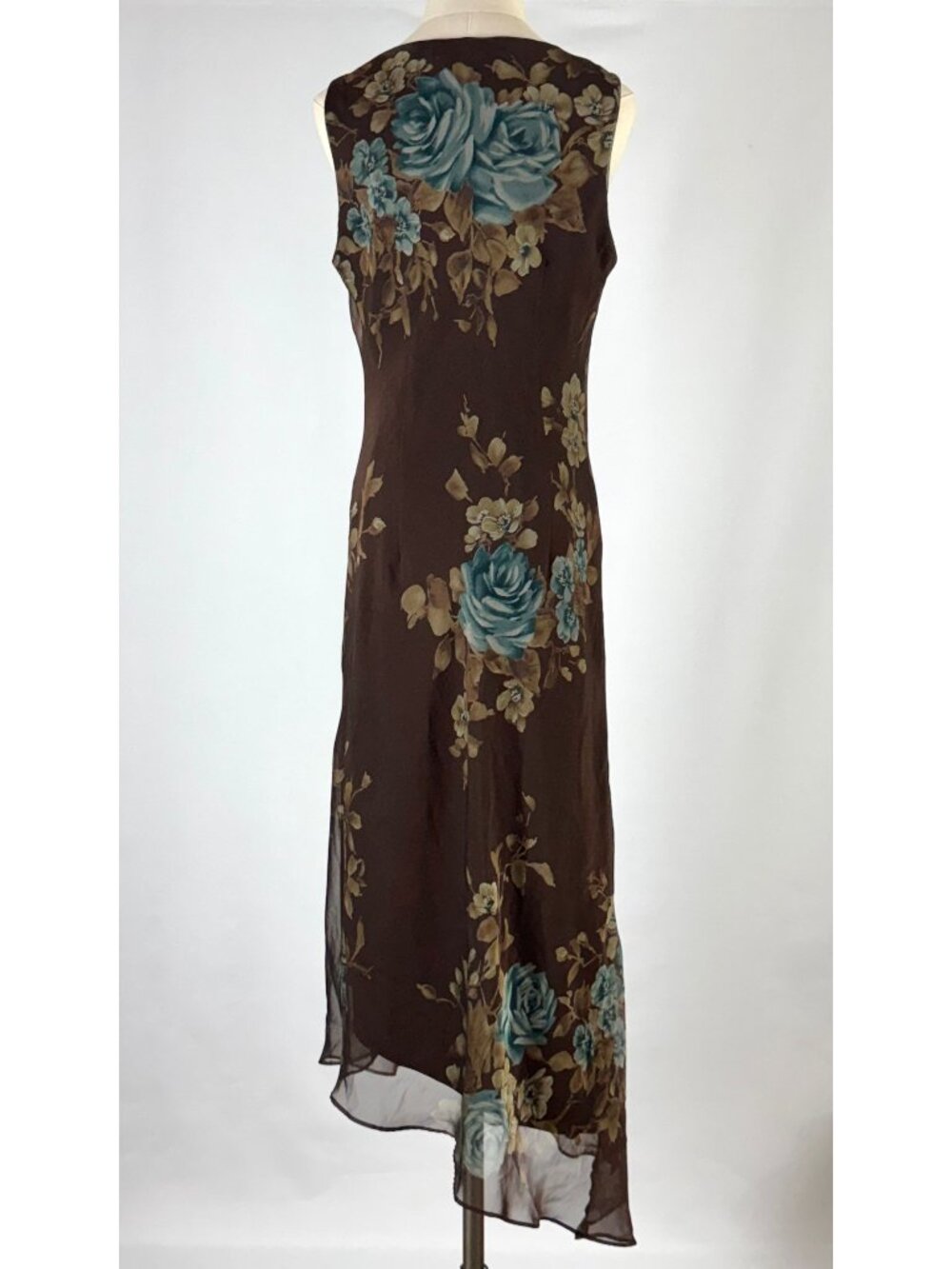 Vtg Y2K Jessica Howard Brown & Blue Floral Chiffon Asymmetrical Dress Cowl Neck - Picture 6 of 9